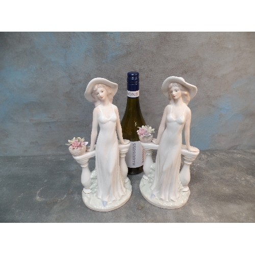 285 - TWO LARGE PORCELAIN FIGURINES OF A LADY IN HAT WITH  BASKET OF FLOWERS - 32CM