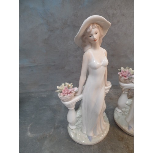 285 - TWO LARGE PORCELAIN FIGURINES OF A LADY IN HAT WITH  BASKET OF FLOWERS - 32CM