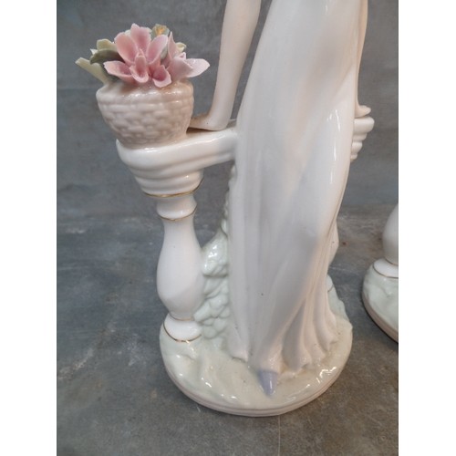 285 - TWO LARGE PORCELAIN FIGURINES OF A LADY IN HAT WITH  BASKET OF FLOWERS - 32CM