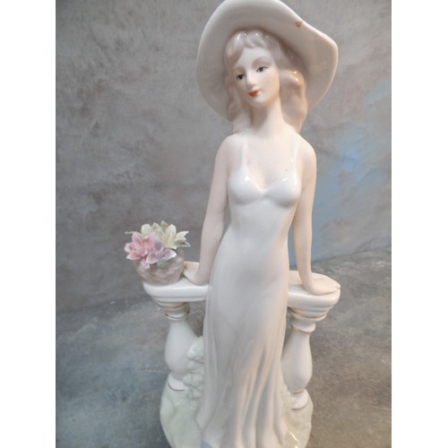 285 - TWO LARGE PORCELAIN FIGURINES OF A LADY IN HAT WITH  BASKET OF FLOWERS - 32CM