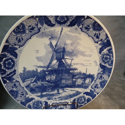 298 - A SUPERB SET OF FIVE LARGE 20TH CENTURY DELFT BLAUW CHARGER PLATES, ALL WITH DUTCH SCENES - 39CM DIA... 