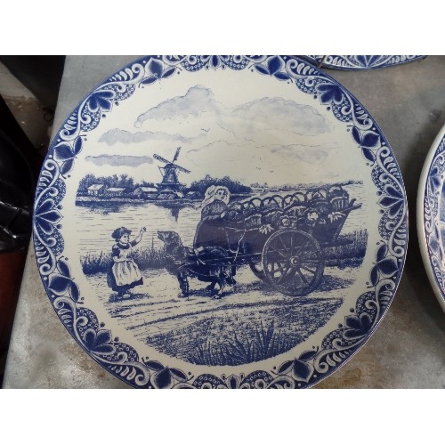 298 - A SUPERB SET OF FIVE LARGE 20TH CENTURY DELFT BLAUW CHARGER PLATES, ALL WITH DUTCH SCENES - 39CM DIA... 