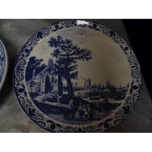 298 - A SUPERB SET OF FIVE LARGE 20TH CENTURY DELFT BLAUW CHARGER PLATES, ALL WITH DUTCH SCENES - 39CM DIA... 