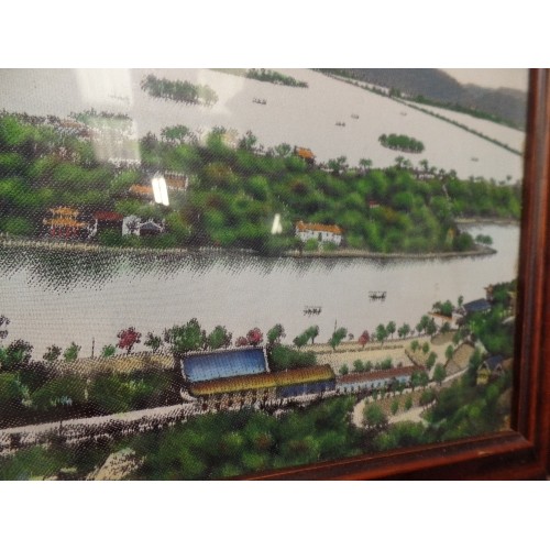 82 - EARLY 19TH CENTURY STYLE FINE TAPESTRY PICTURE, OF FAR-EAST COLONIAL SETTLEMENT & RIVER DELTA. POSSI... 