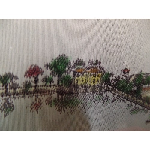 82 - EARLY 19TH CENTURY STYLE FINE TAPESTRY PICTURE, OF FAR-EAST COLONIAL SETTLEMENT & RIVER DELTA. POSSI... 