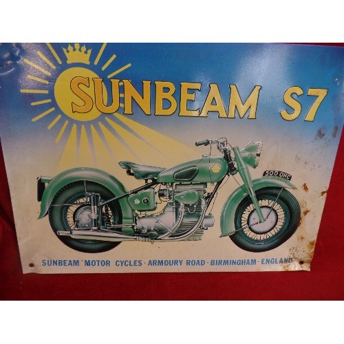 86 - 2 TIN WALL SIGNS. 'NO MOTORCYCLING BY ORDER' & SUNBEAM S7 MOTORCYCLE.