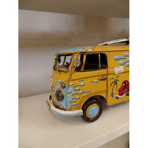 96 - TIN-PLATE 'VW' CAMPER VAN WITH SURF BOARDS ON ROOF RACK.