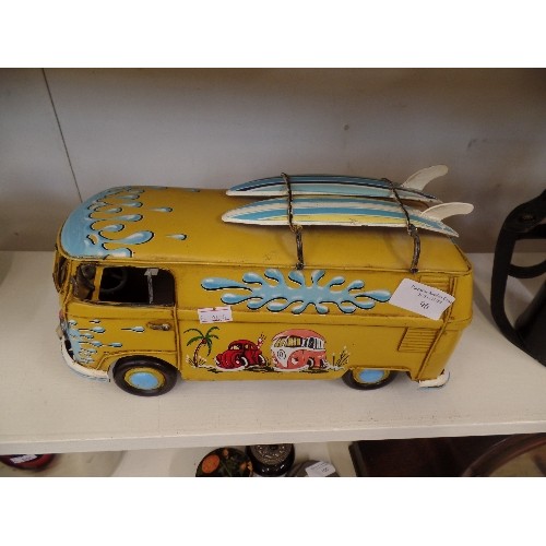 96 - TIN-PLATE 'VW' CAMPER VAN WITH SURF BOARDS ON ROOF RACK.