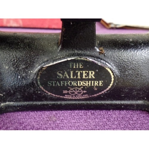 105 - VINTAGE SALTER KITCHEN SCALES. WITH SET OF IMPERIAL WEIGHTS, AND BRASS SCOOP.