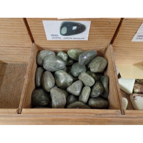 107 - QUANTITY OF GEMSTONES CONTAINED IN A TIERED  WOODEN DISPLAY CASE. INC CITRINE, JASPER-ZEBRA, MOOKAIT... 