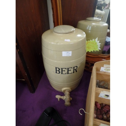 110 - VINTAGE STONEWARE BEER BARREL WITH WOODEN BUNG AND TAP. LID INTACT.