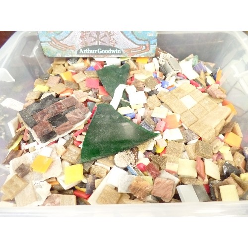 114 - LARGE QUANTITY OF MOSAIC PIECES, & A MOSAIC TECHNIQUE BOOK, CONTAINED IN A LIDDED TUB.