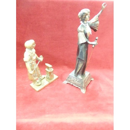 117 - 2 VINTAGE BRASS ITEMS. A SUFFROGETTE & A BLACKSMITH AT THE ANVIL.