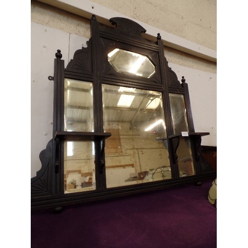 121 - VINTAGE SECTIONAL MANTLE MIRROR. WITH SMALL SHELVES AND BEVELLED MIRROR PANELS.