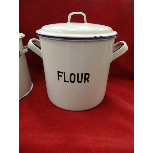 123 - 2 ENAMEL FLOUR BINS. WITH LIDS.