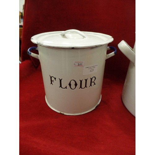 123 - 2 ENAMEL FLOUR BINS. WITH LIDS.