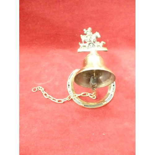 126 - VINTAGE BRASS 'TALLY-HO' FOX-HUNT THEMED BELL. WALL MOUNTED ON HORSESHOE.