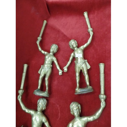 133 - 4 HEAVY VINTAGE BRASS ROMAN BOY FIGURES [POSSIBLY FROM A CHANDELIER OR LIGHT FITTING] HOLDING FLAME ... 