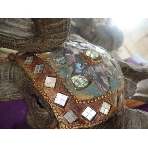 136 - VERY LARGE INDIAN ELEPHANT FIGURE. DECORATIVE MIRROR & MOSAIC HEADDRESS & COVER. DAMAGE TO 1 EAR. RE... 