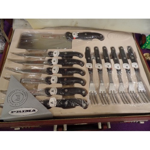 137 - LARGE NEW/UNUSED PRIMA KNIFE AND CARVING SET. WITH KITCHEN UTENSILS. CONTAINED IN ORIGINAL CASE.