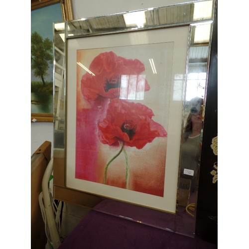 153 - LARGE RED POPPY PRINT. FRAMED IN WIDE MIRROR FRAME.