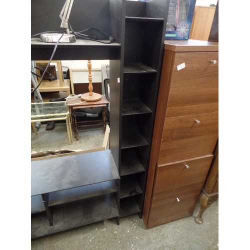 399 - WALL CABINET WITH TV SHELF, IN BLACK ASH. 150 X 150CM. MIXED SIZED SHELVES AND CUBBY HOLES.