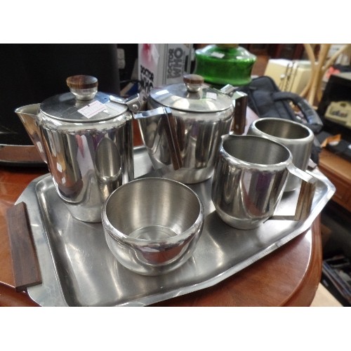 418 - VINTAGE DANISH STYLE STAINLESS STEEL TEA WARE, WOODEN HANDLES. WITH TRAY.