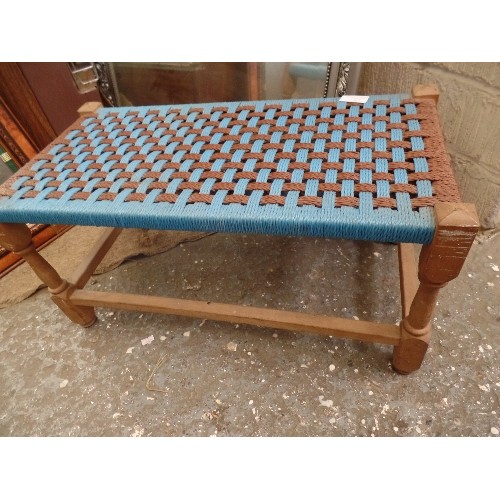 167 - SMALL VINTAGE WOODEN STOOL WITH WOVEN AQUA & BROWN 'STRING' SEAT.