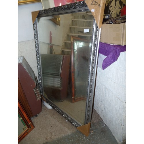 166 - LARGE ANTIQUE METAL EFFECT FRAMED WALL MIRROR. BEVELLED GLASS. BRAND-NEW BUT SMALL CRACK IN 1 CORNER... 