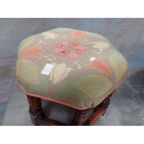 170 - HEXAGONAL FOOTSTOOL WITH TAPESTRY TOP. ATTRACTIVE TULIP DESIGN. PALE GREENS, TERRACOTTA ETC.