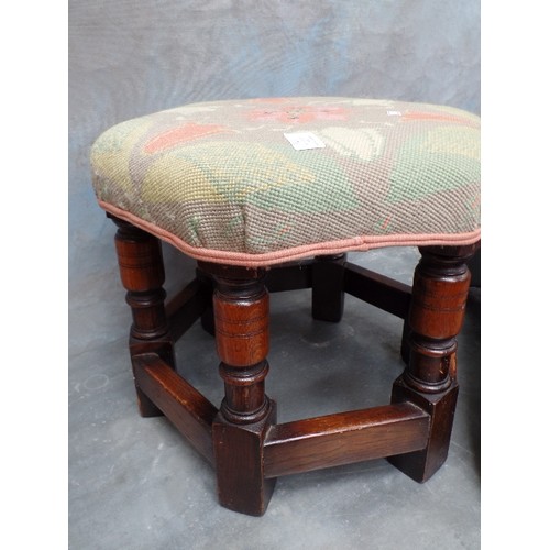 170 - HEXAGONAL FOOTSTOOL WITH TAPESTRY TOP. ATTRACTIVE TULIP DESIGN. PALE GREENS, TERRACOTTA ETC.