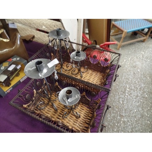 179 - 2 METAL & CANE STORAGE BASKETS, TOGETHER WITH 2 PAIRS OF METAL CANDLE HOLDERS.