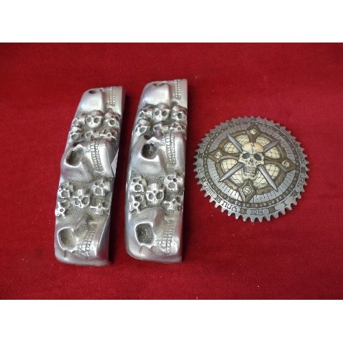 180 - PAIR OF MOTORCYCLE SKULL ATTACHMENTS. ALUMINIUM. TO SIT ABOVE REG-PLATE LIGHT OR OTHER. ALSO A DECOR... 