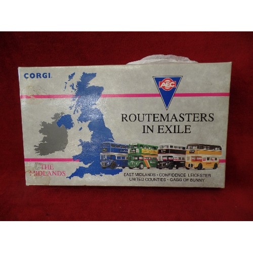 186 - CORGI DIE-CAST 'ROUTEMASTERS IN EXILE' THE MIDLANDS. 4 X DOUBLE-DECKERS. NEW CONDITION. BOXED.