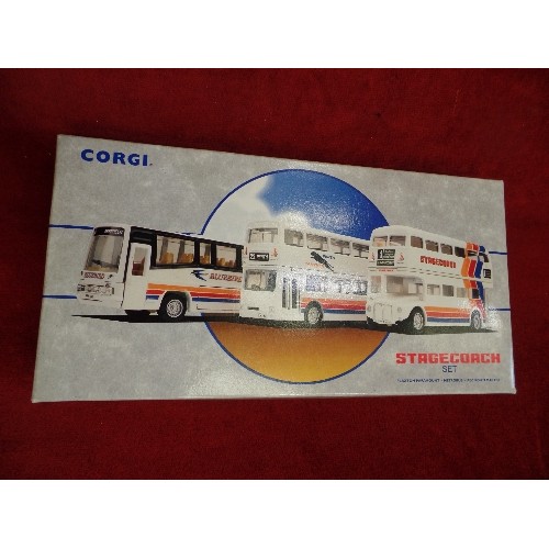 182 - NEW/BOXED CORGI DIE-CAST STAGECOACH SET. 2 DOUBLE DECKERS & A COACH.