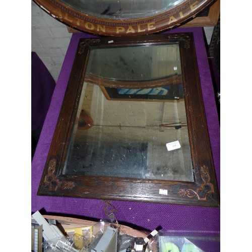 192 - VINTAGE OAK RECTANGULAR FRAMED MIRROR. BEVELLED GLASS.