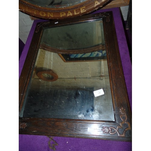 192 - VINTAGE OAK RECTANGULAR FRAMED MIRROR. BEVELLED GLASS.