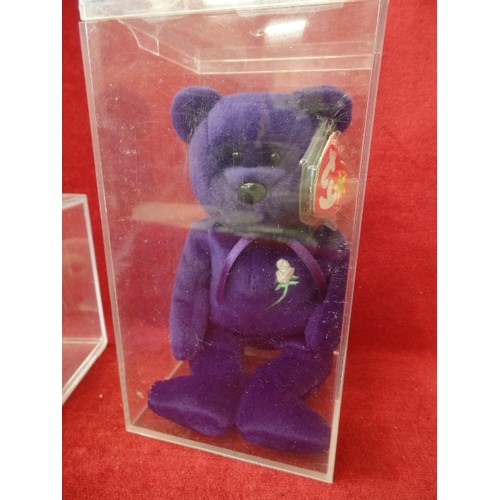 193 - 2 X TY BEANIE-BABY TOYS IN PERSPEX BOXES. A PURPLE TEDDY, AND A RAINBOW GHEKKO.