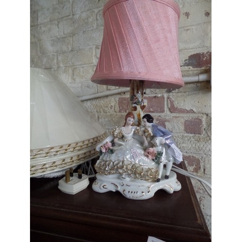 202 - 'ALEA JULIA -CORAL' SMALL DECORATIVE TABLE LAMP BASE WITH PORCELAIN FIGURES UNDER A TREE. PINK SHADE... 