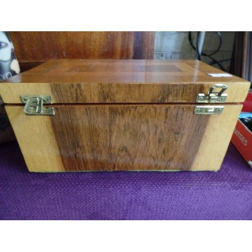 211 - WOODEN JEWELLERY BOX WITH INLAY, SMALL INNER TRAYS/ COMPARTMENTS.