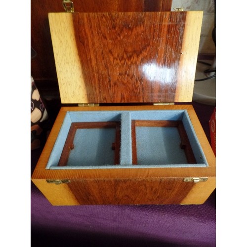 211 - WOODEN JEWELLERY BOX WITH INLAY, SMALL INNER TRAYS/ COMPARTMENTS.