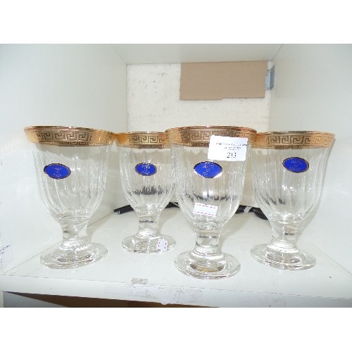 213 - SET OF 4 X ITALIAN GLASS GOBLETS. GOLD GREEK PATTERNED RIMS. NEW WITH STICKERS.