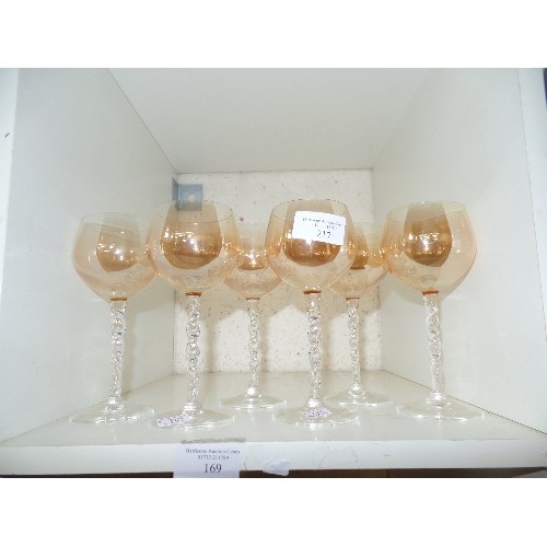 217 - LOVELY SET OF 6 X SMALL VINTAGE IRIDESCENT WINE GLASSES WITH TWISTED STEMS. POSSIBLY 1950'S. PALE PE... 