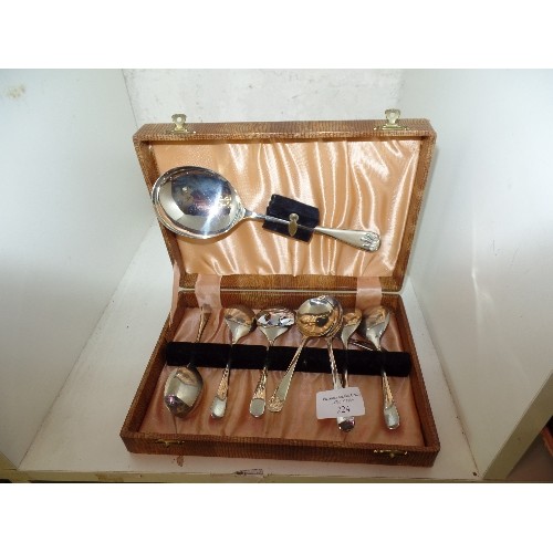 224 - VINTAGE DESSERT SPOON SET. WITH LARGE SERVING SPOON. MOC-CROC CASE.