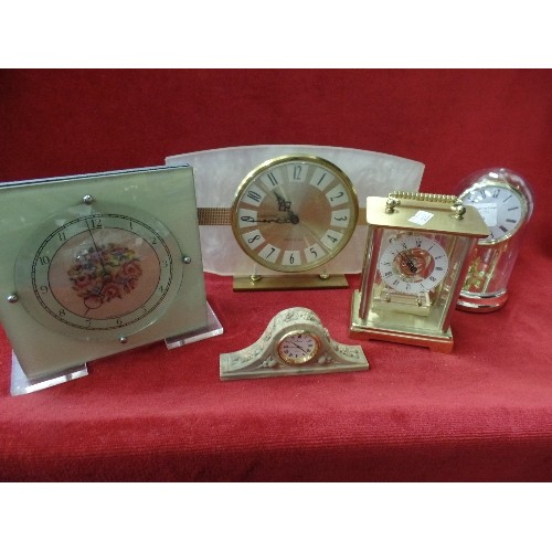 269 - 5 X SMALL CLOCKS. INCLUDES A RETRO WESTCLOX, & ONE WITH TAPESTRY DETAIL.