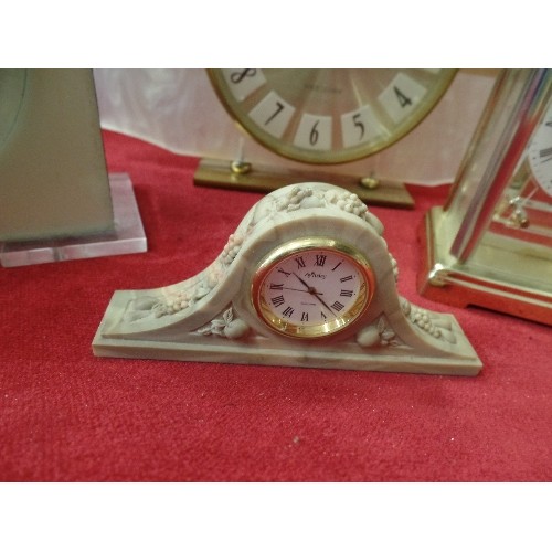 269 - 5 X SMALL CLOCKS. INCLUDES A RETRO WESTCLOX, & ONE WITH TAPESTRY DETAIL.