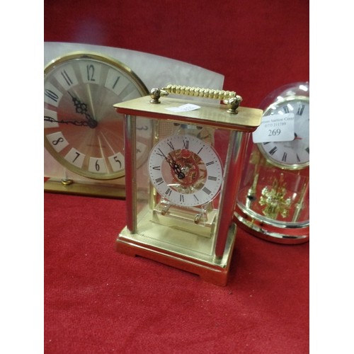 269 - 5 X SMALL CLOCKS. INCLUDES A RETRO WESTCLOX, & ONE WITH TAPESTRY DETAIL.