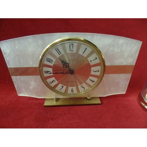 269 - 5 X SMALL CLOCKS. INCLUDES A RETRO WESTCLOX, & ONE WITH TAPESTRY DETAIL.