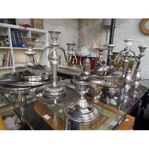 263 - LARGE SILVER-PLATED LOT. INC CANDELABRAS, CRUET SETS, PLATTERS, DISHES ETC.