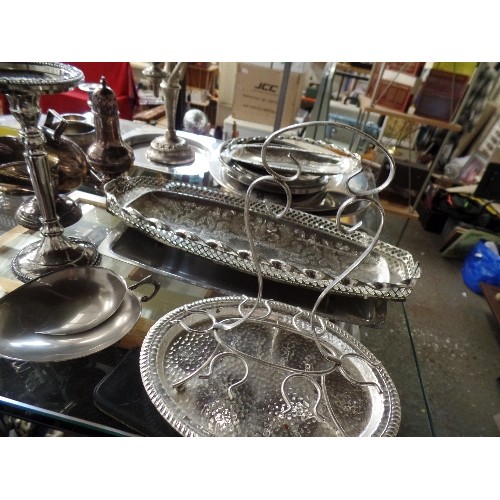 263 - LARGE SILVER-PLATED LOT. INC CANDELABRAS, CRUET SETS, PLATTERS, DISHES ETC.